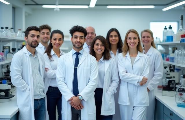 Équipe d'experts dans un environnement de laboratoire de recherche moderne.