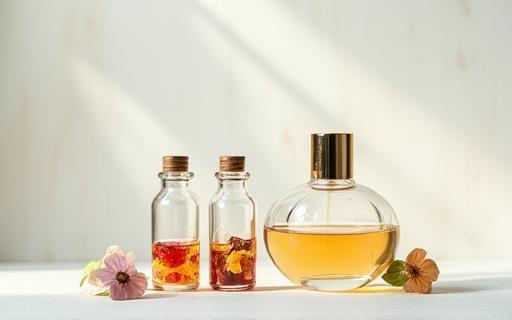 Flacons de parfum et matières premières pour leur création.